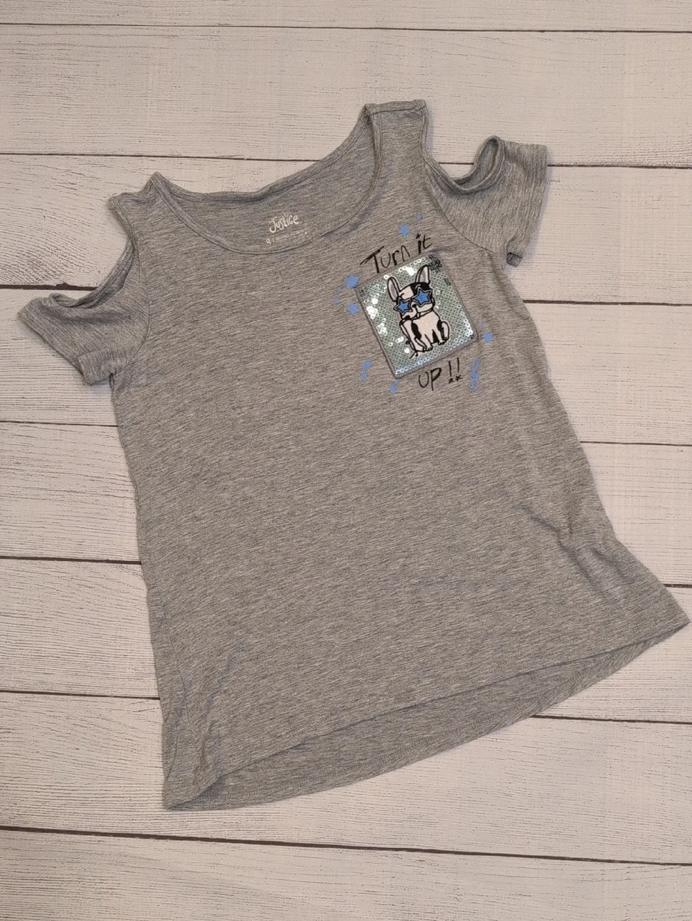 Justice Girls' Gray Cold-Shoulder Tee with Sequin Bulldog Patch